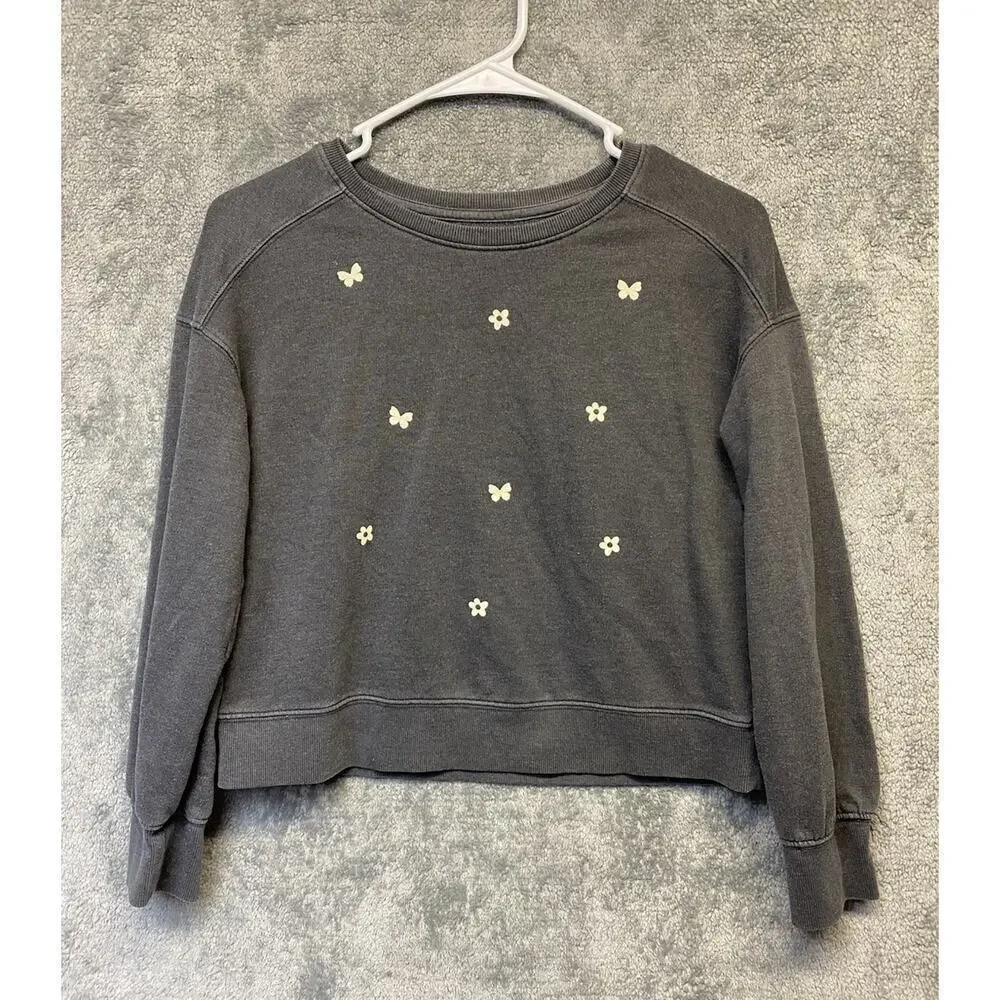 Cat & Jack Faded Gray Butterfly & Flower Sweatshirt Girls Size L 10-12